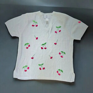 Susan Graver Style White Embroidered Cherries Short Sleeve V Neck Sweater LARGE